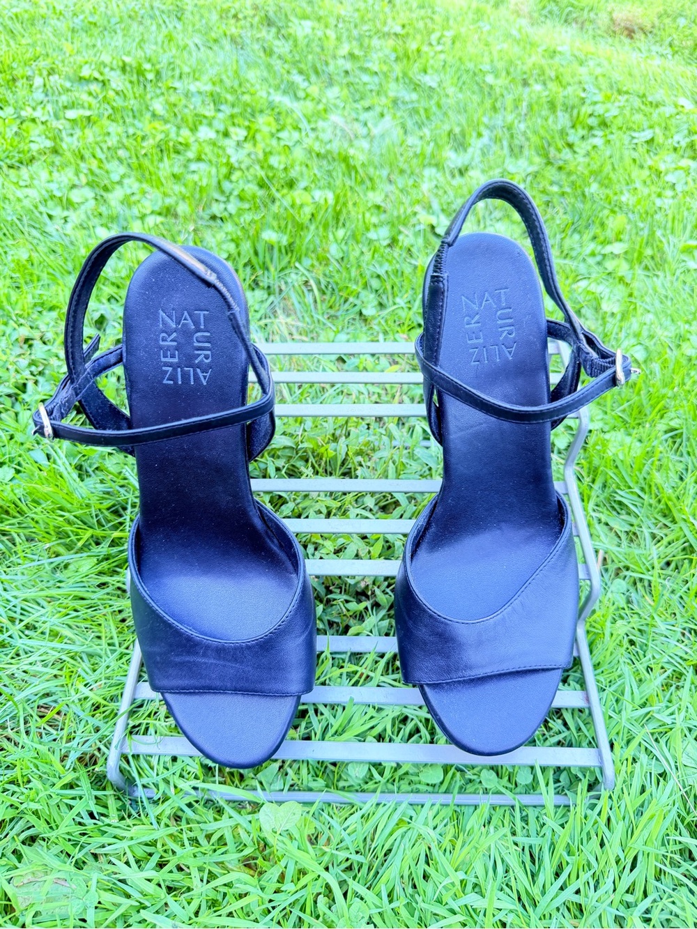 Naturalizer Black Leather Open-Toe Ankle-Strap Heels